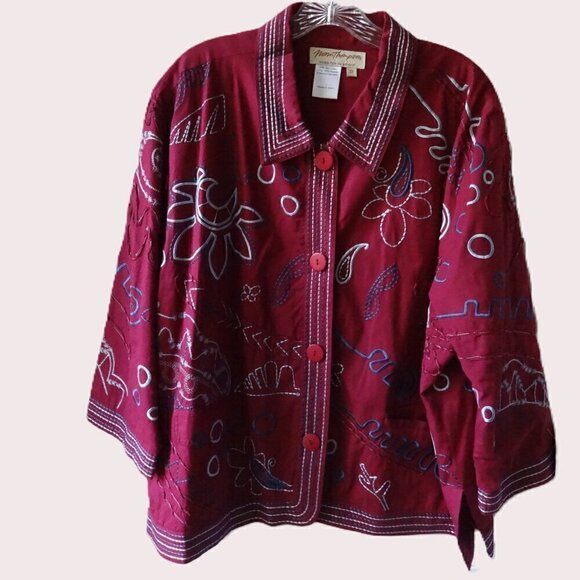 Norm Thompson women's size 2X, light weight jacket burgundy / blue embroidery - Picture 1 of 12